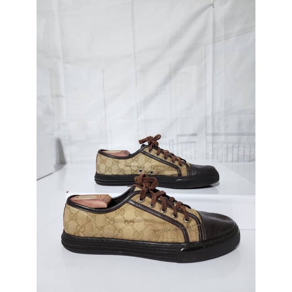 Authentic Gucci Leather And Monogram Canvas Lace Up Sneakers Brown/Beige Size 7. - Picture 5 of 16
